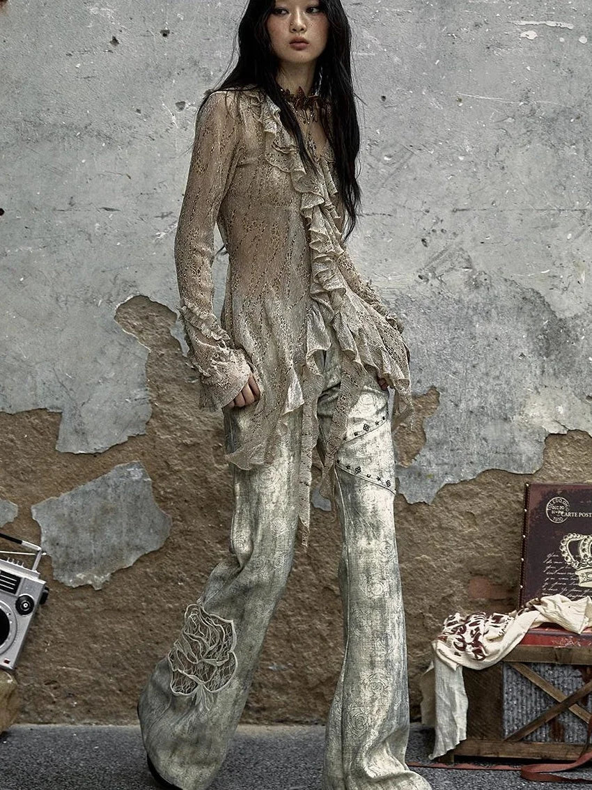 Vintage Punk Distressed Embroidered Rose Flared Pants Low-Rise Jeans