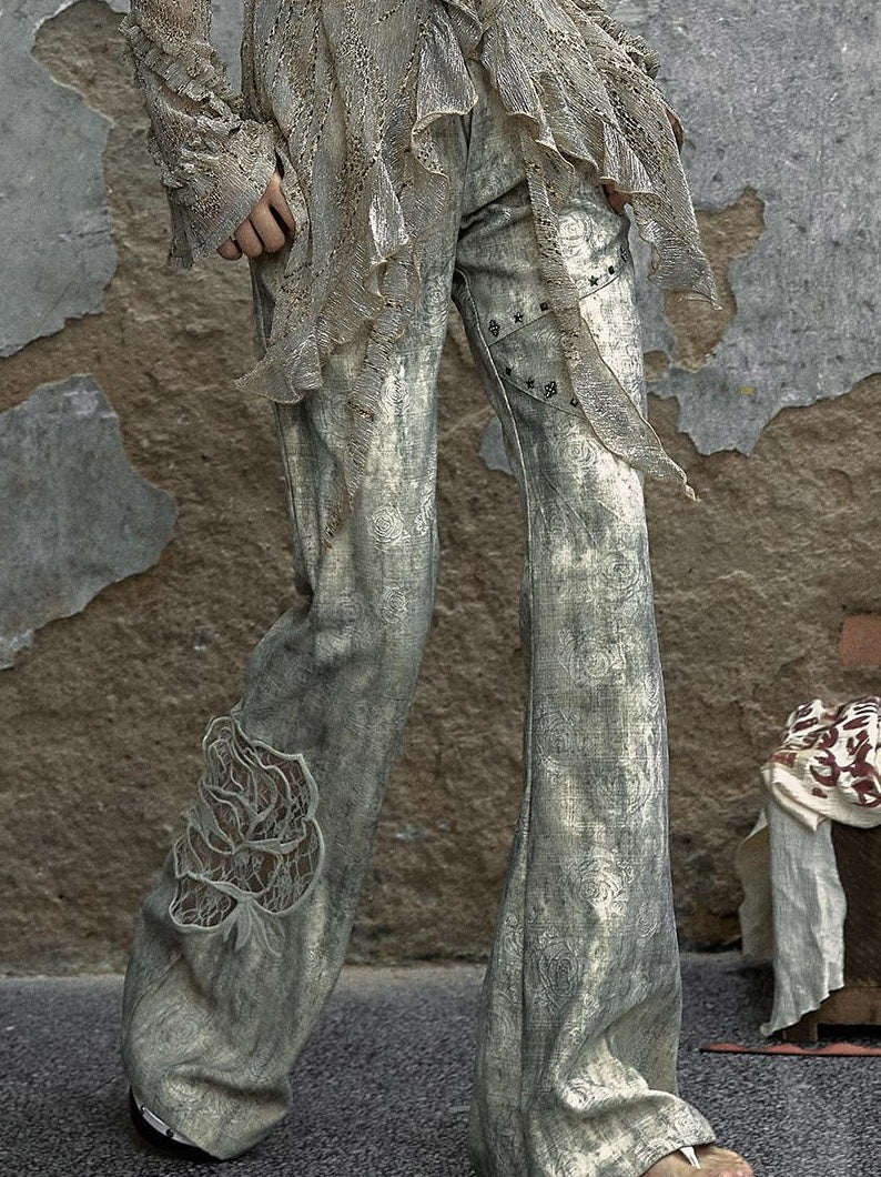 NO ROMANCE Vintage Punk Distressed Embroidered Rose Flared Pants Low-Rise Jeans