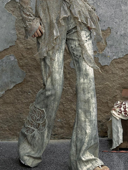 NO ROMANCE Vintage Punk Distressed Embroidered Rose Flared Pants Low-Rise Jeans