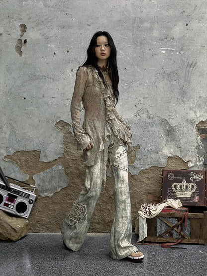 Vintage Punk Distressed Embroidered Rose Flared Pants Low-Rise Jeans