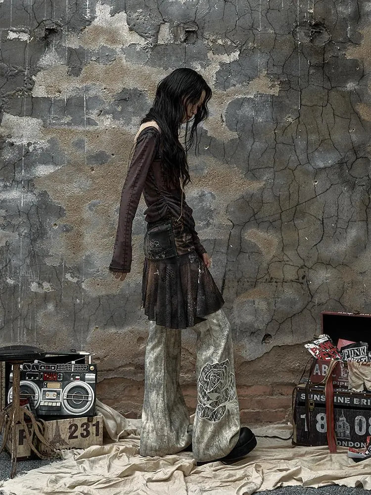 Vintage Punk Distressed Embroidered Rose Flared Pants Low-Rise Jeans