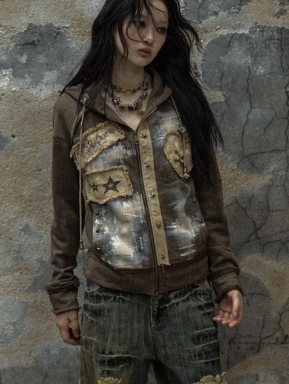 Vintage Punk Distressed Hooded Crop Top Streetwear Jacket