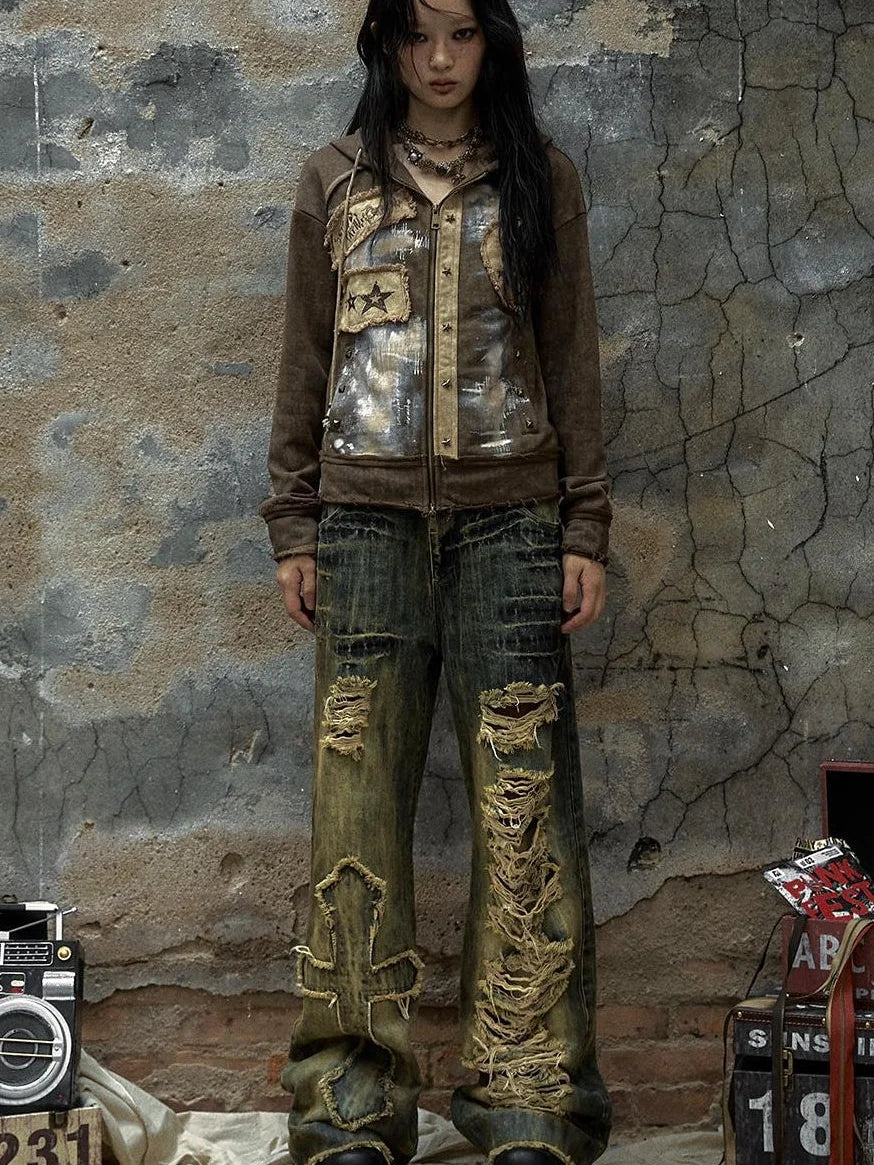 Vintage Punk Distressed Hooded Crop Top Streetwear Jacket