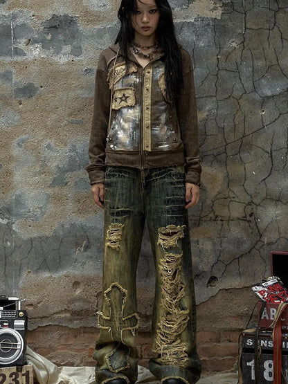 Vintage Punk Distressed Hooded Crop Top Streetwear Jacket