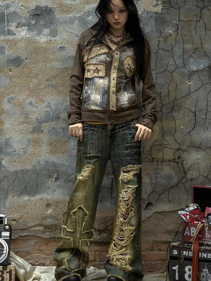 Vintage Punk Distressed Hooded Crop Top Streetwear Jacket