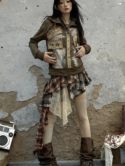 Vintage Punk Distressed Hooded Crop Top Streetwear Jacket