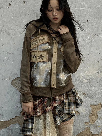 Vintage Punk Distressed Hooded Crop Top Streetwear Jacket