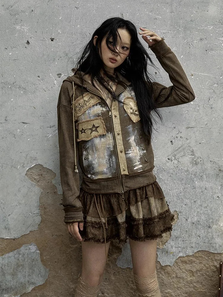 Vintage Punk Distressed Hooded Crop Top Streetwear Jacket