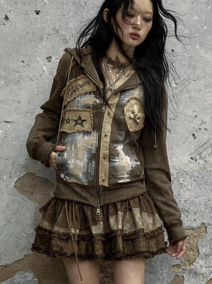 Vintage Punk Distressed Hooded Crop Top Streetwear Jacket