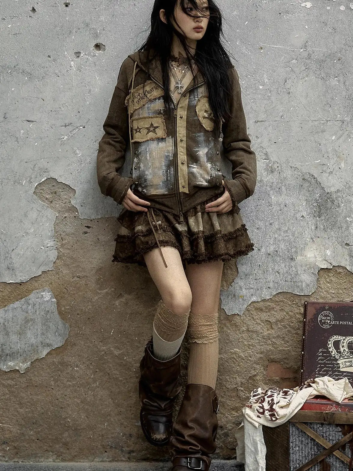 Vintage Punk Distressed Hooded Crop Top Streetwear Jacket