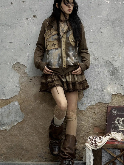 Vintage Punk Distressed Hooded Crop Top Streetwear Jacket
