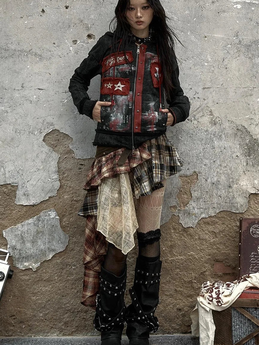 Vintage Punk Distressed Hooded Crop Top Streetwear Jacket