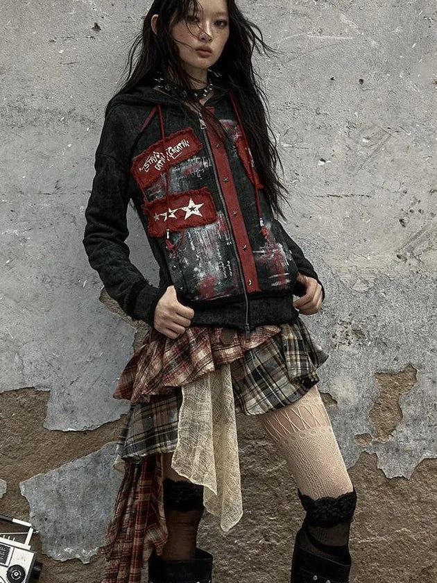 Vintage Punk Distressed Hooded Crop Top Streetwear Jacket