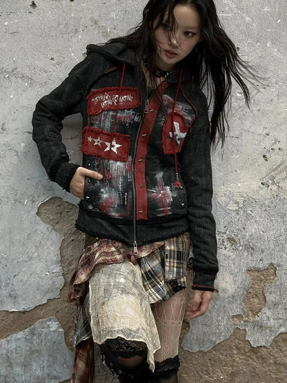 Vintage Punk Distressed Hooded Crop Top Streetwear Jacket
