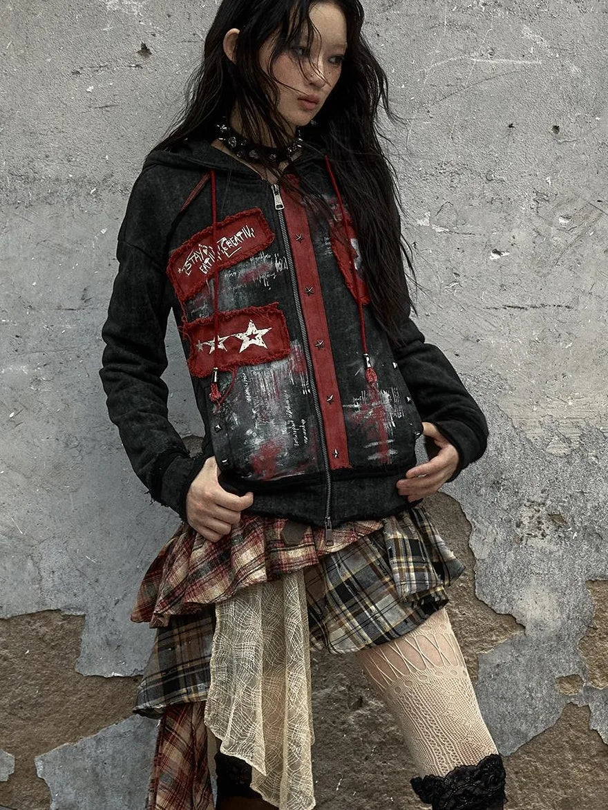 Vintage Punk Distressed Hooded Crop Top Streetwear Jacket