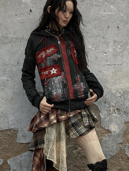 Vintage Punk Distressed Hooded Crop Top Streetwear Jacket