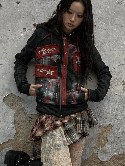 Vintage Punk Distressed Hooded Crop Top Streetwear Jacket