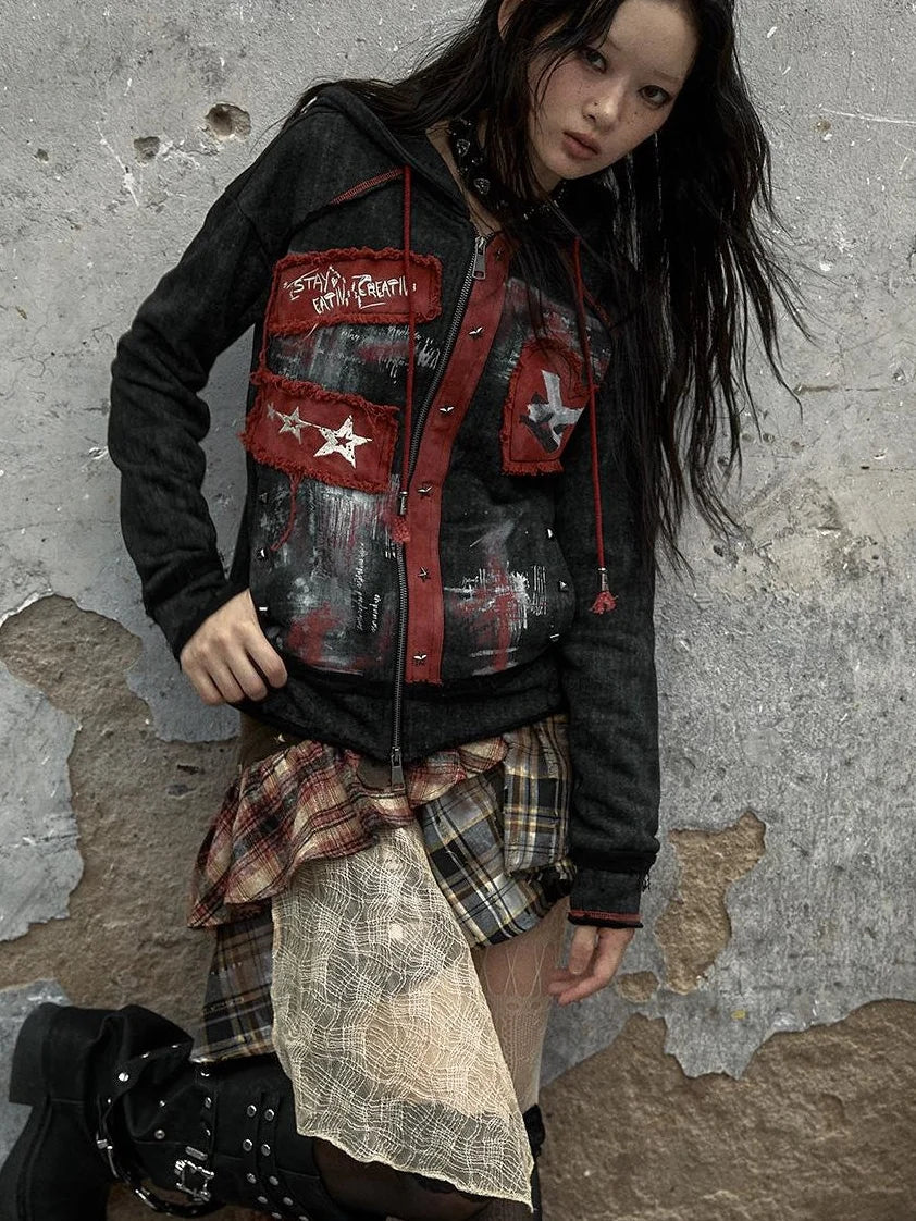 Vintage Punk Distressed Hooded Crop Top Streetwear Jacket