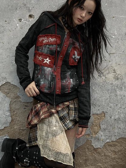 Vintage Punk Distressed Hooded Crop Top Streetwear Jacket