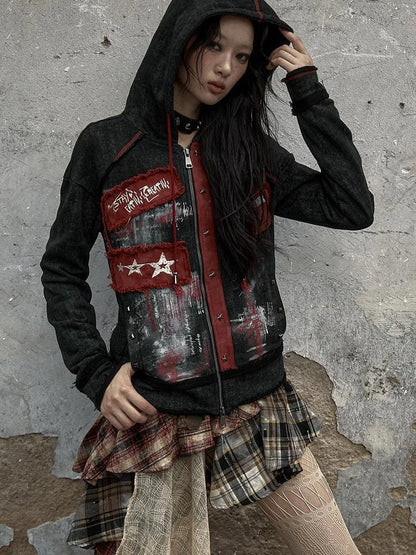 Vintage Punk Distressed Hooded Crop Top Streetwear Jacket