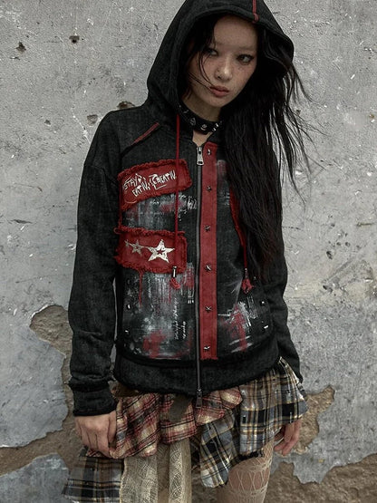 Vintage Punk Distressed Hooded Crop Top Streetwear Jacket