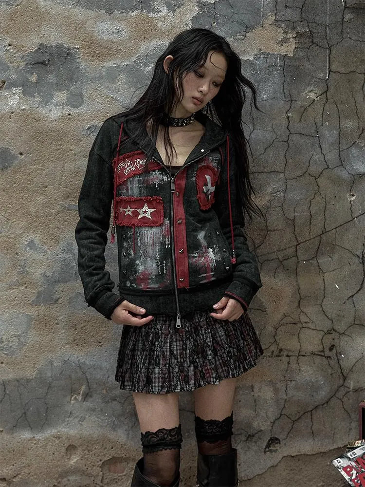 Vintage Punk Distressed Hooded Crop Top Streetwear Jacket