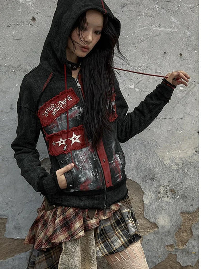 Vintage Punk Distressed Hooded Crop Top Streetwear Jacket