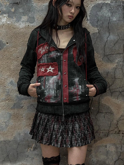 Vintage Punk Distressed Hooded Crop Top Streetwear Jacket