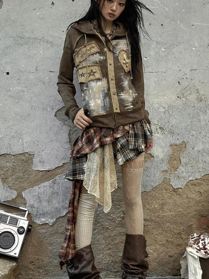 Vintage Punk Distressed Hooded Crop Top Streetwear Jacket