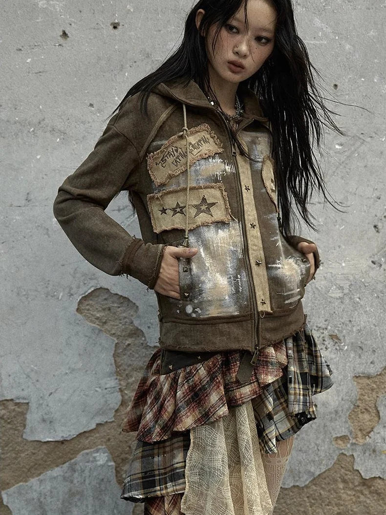 Vintage Punk Distressed Hooded Crop Top Streetwear Jacket