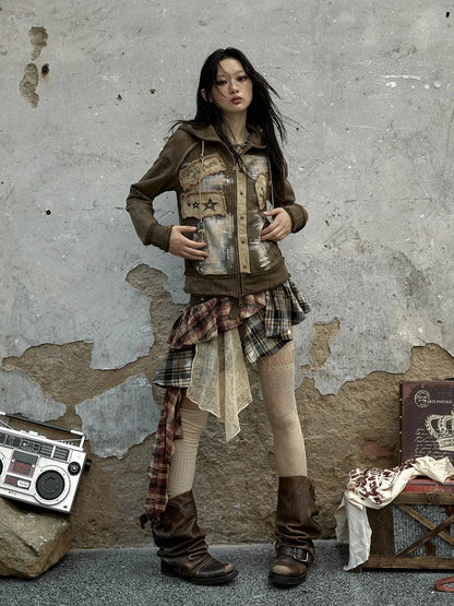 Vintage Punk Distressed Hooded Crop Top Streetwear Jacket