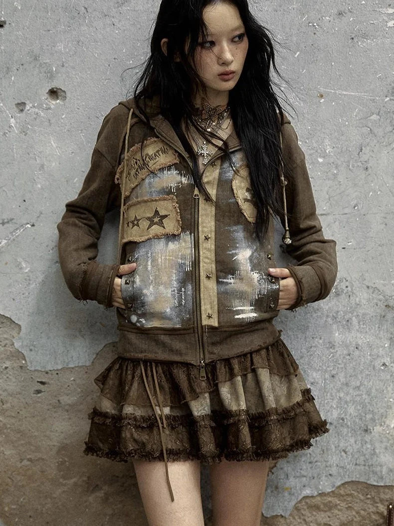 Vintage Punk Distressed Hooded Crop Top Streetwear Jacket