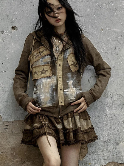 Vintage Punk Distressed Hooded Crop Top Streetwear Jacket