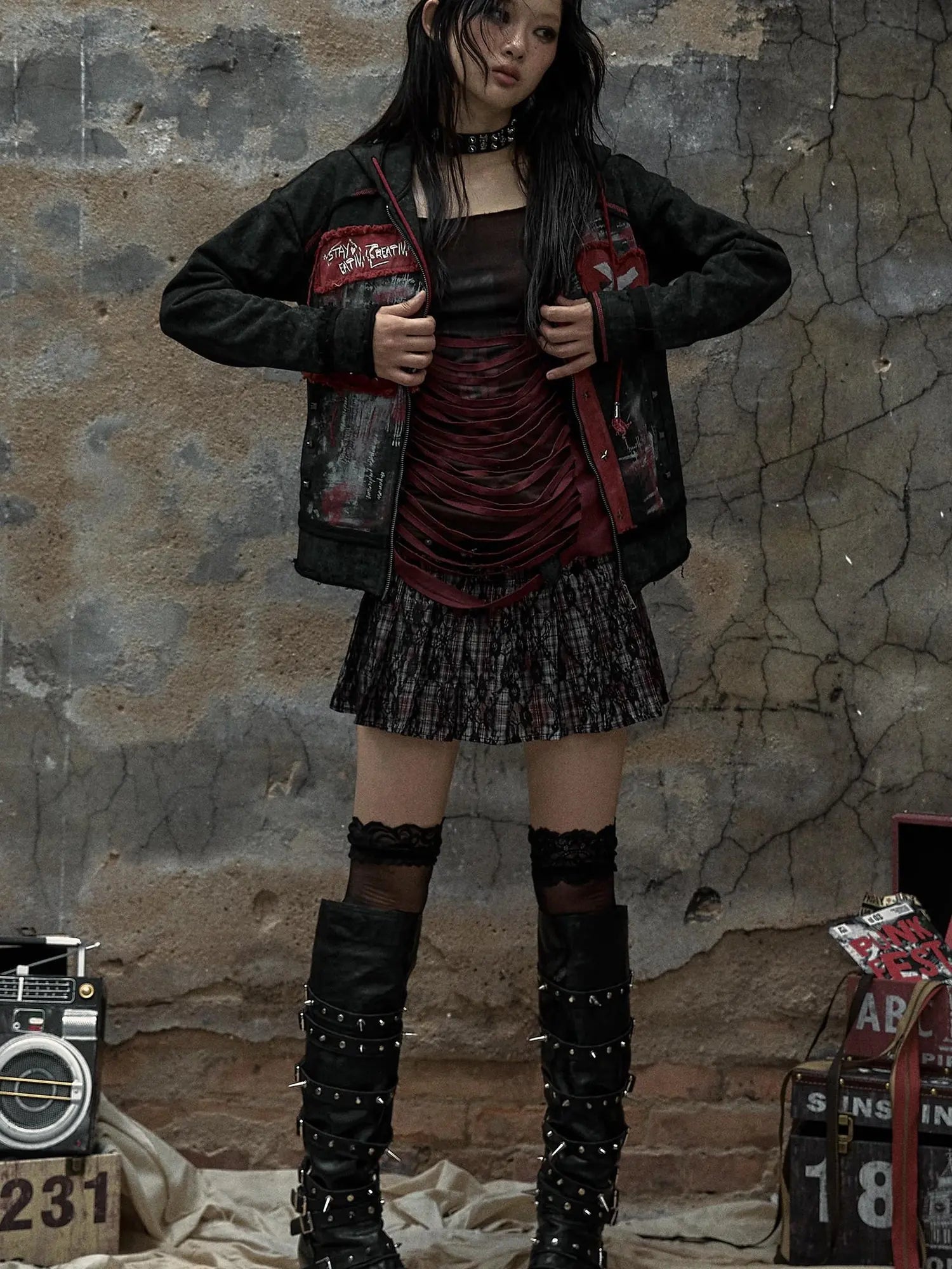 Vintage Punk Distressed Hooded Crop Top Streetwear Jacket