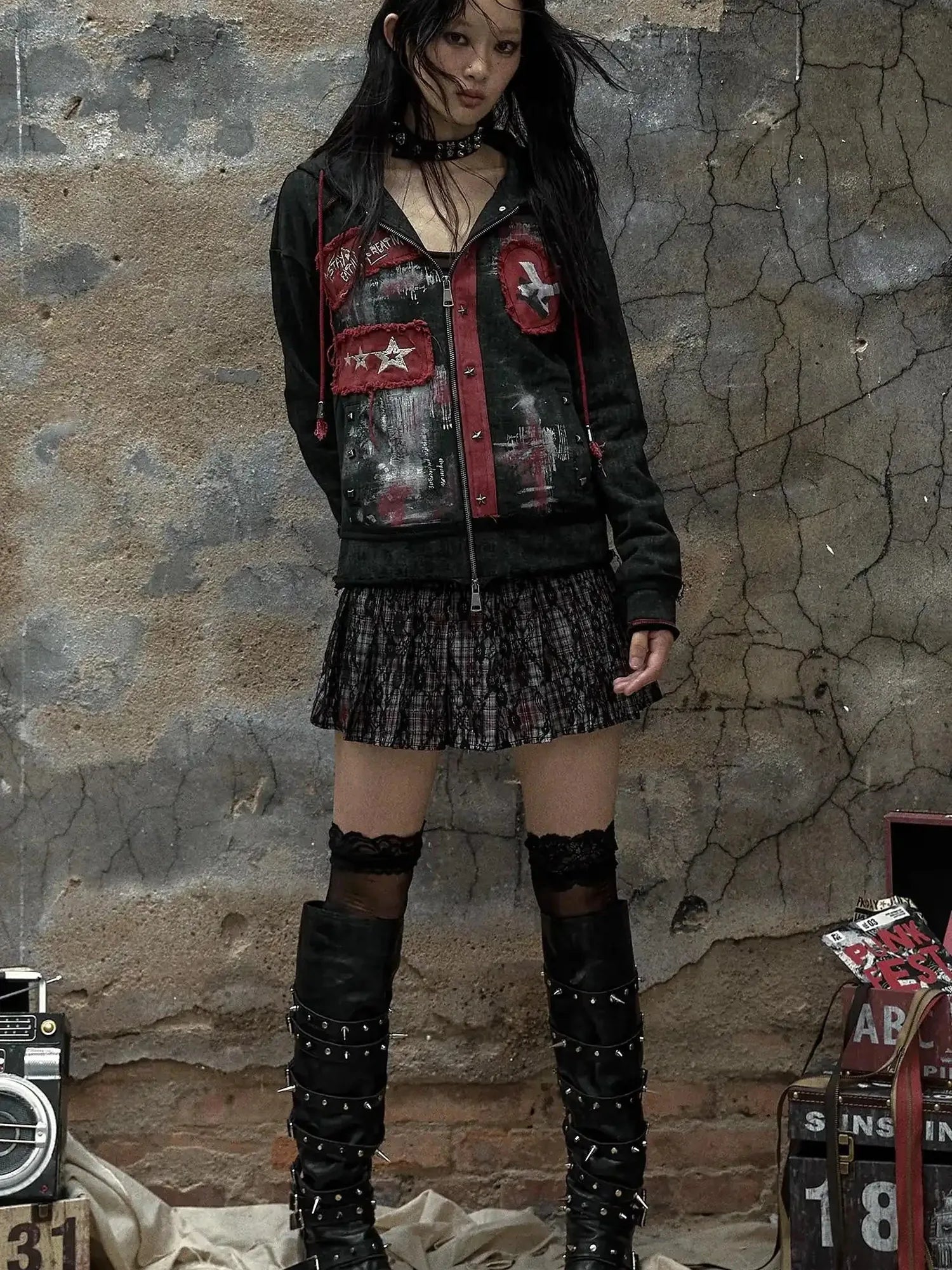 Vintage Punk Distressed Hooded Crop Top Streetwear Jacket