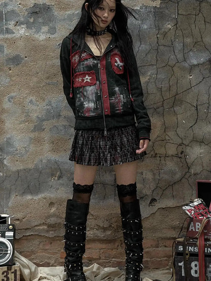 Vintage Punk Distressed Hooded Crop Top Streetwear Jacket