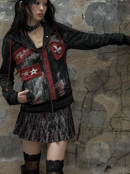 Vintage Punk Distressed Hooded Crop Top Streetwear Jacket