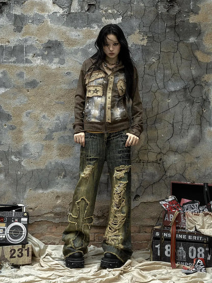 Vintage Punk Distressed Hooded Crop Top Streetwear Jacket