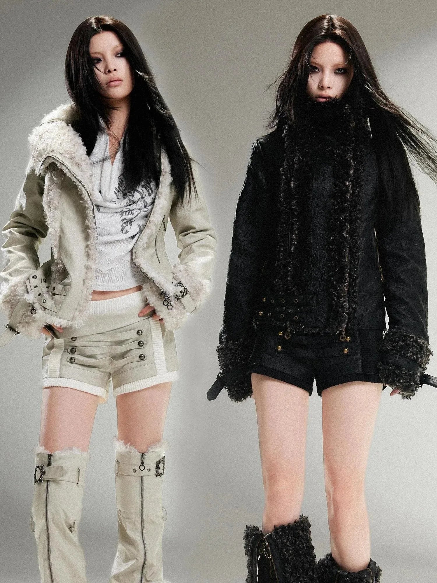 Vintage Punk Double Zip Leather Jacket With Wool Lining For Women