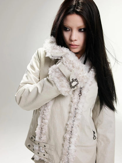 Vintage Punk Double Zip Leather Jacket With Wool Lining For Women