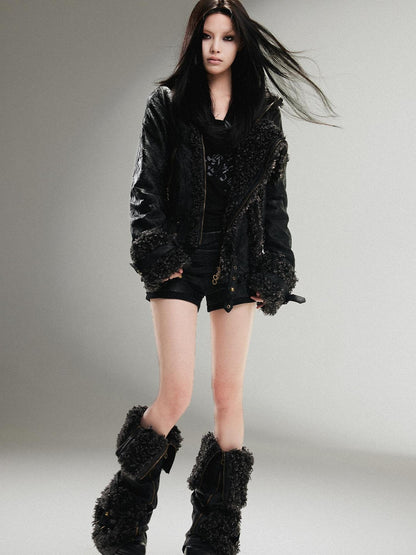 ARIADNAw Vintage Punk Double Zip Leather Jacket With Wool Lining For Women
