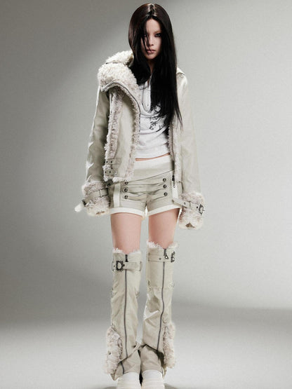 ARIADNAw Vintage Punk Double Zip Leather Jacket With Wool Lining For Women