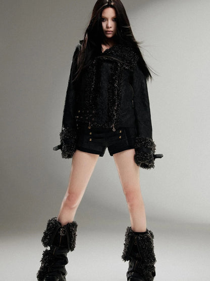 Vintage Punk Double Zip Leather Jacket With Wool Lining For Women