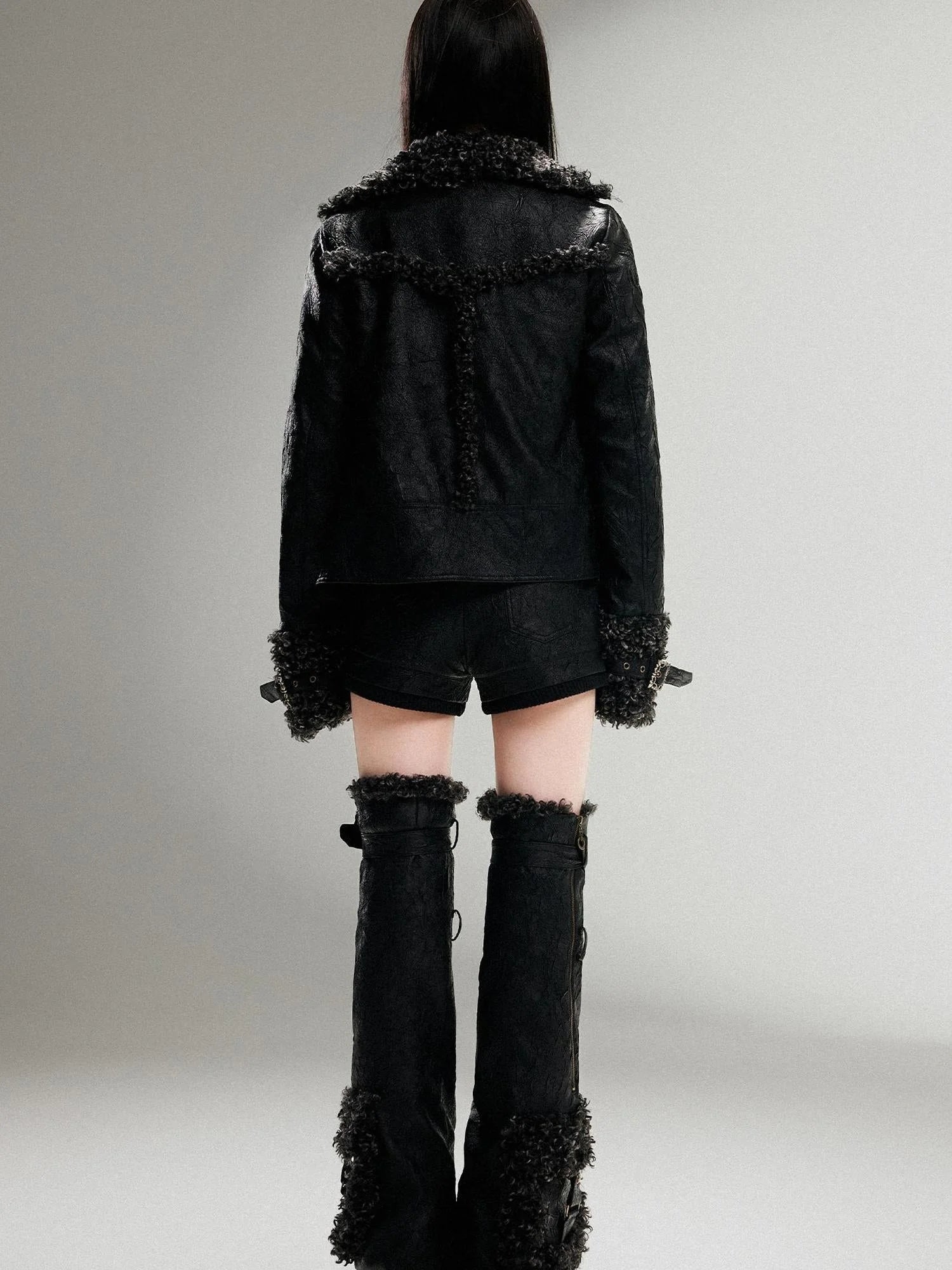 Vintage Punk Double Zip Leather Jacket With Wool Lining For Women