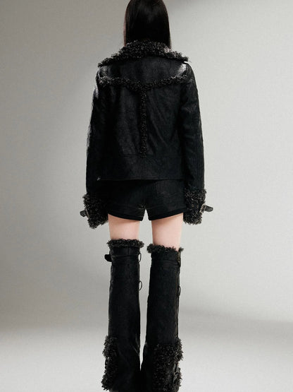 Vintage Punk Double Zip Leather Jacket With Wool Lining For Women