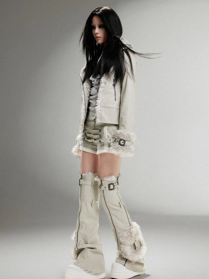 Vintage Punk Double Zip Leather Jacket With Wool Lining For Women