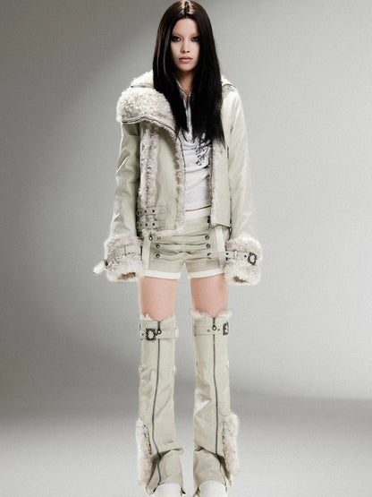 Vintage Punk Double Zip Leather Jacket With Wool Lining For Women