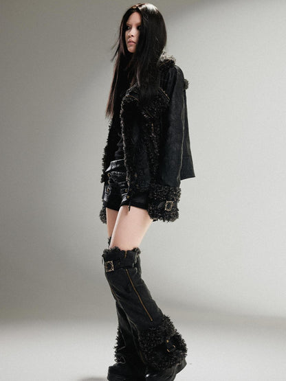 ARIADNAw Vintage Punk Double Zip Leather Jacket With Wool Lining For Women