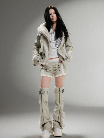 Vintage Punk Double Zip Leather Jacket With Wool Lining For Women