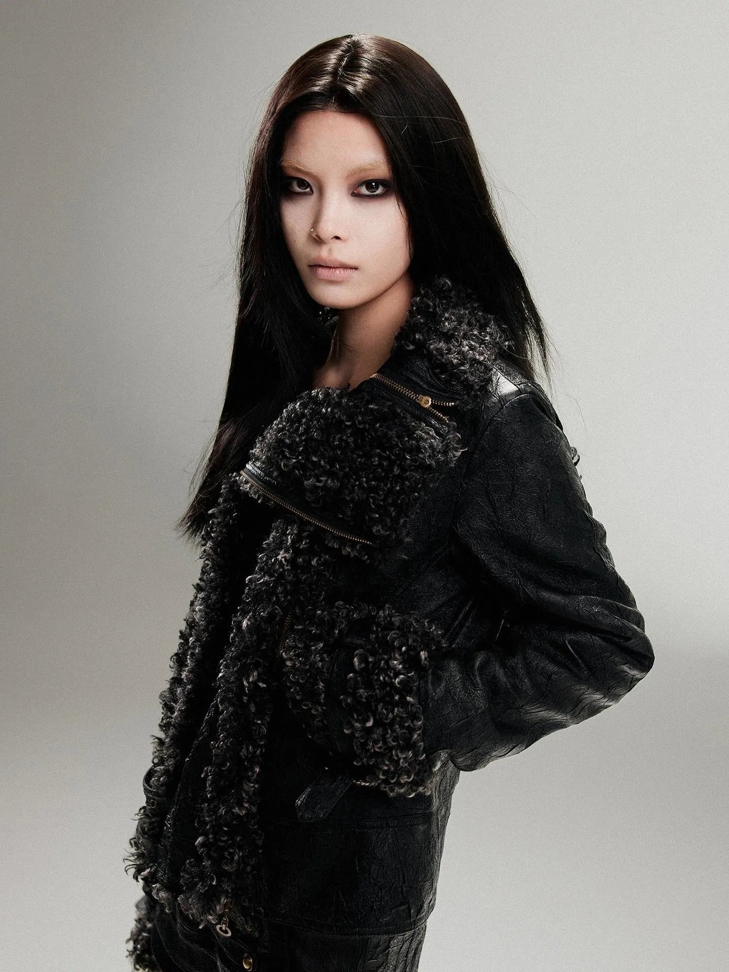 Vintage Punk Double Zip Leather Jacket With Wool Lining For Women